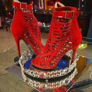 Qupid Vibrant Red Strappy Ankle Booties